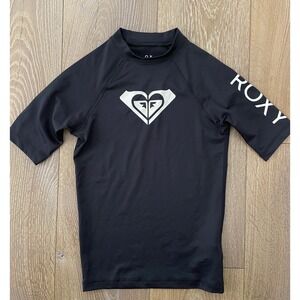 Roxy Girls Whole Hearted Short Sleeve Rashguard Black White Size M 10 Swim Top